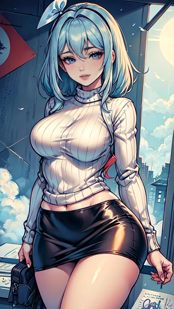 obra de arte, CRU, Linda arte, artista profissional, 8k, estilo de arte por sciamano240, rosto muito detalhado, cabelo muito detalhado, 1 mulher, perfectly dCRUn body, rosto bonito, cabelo longo, Cabelo azul claro , olhos azuis muito detalhados , bochechas rosadas, detalhes intrincados nos olhos, playful smile, olhando diretamente para o visualizador , in love with the spectator's expression, choque preto, batom, vestindo roupas fofas de outono, jaqueta, sweater, short pencil skirt, botas de coxa, sentado na cadeira, dia ensolarado outono, pernas bem abertas,