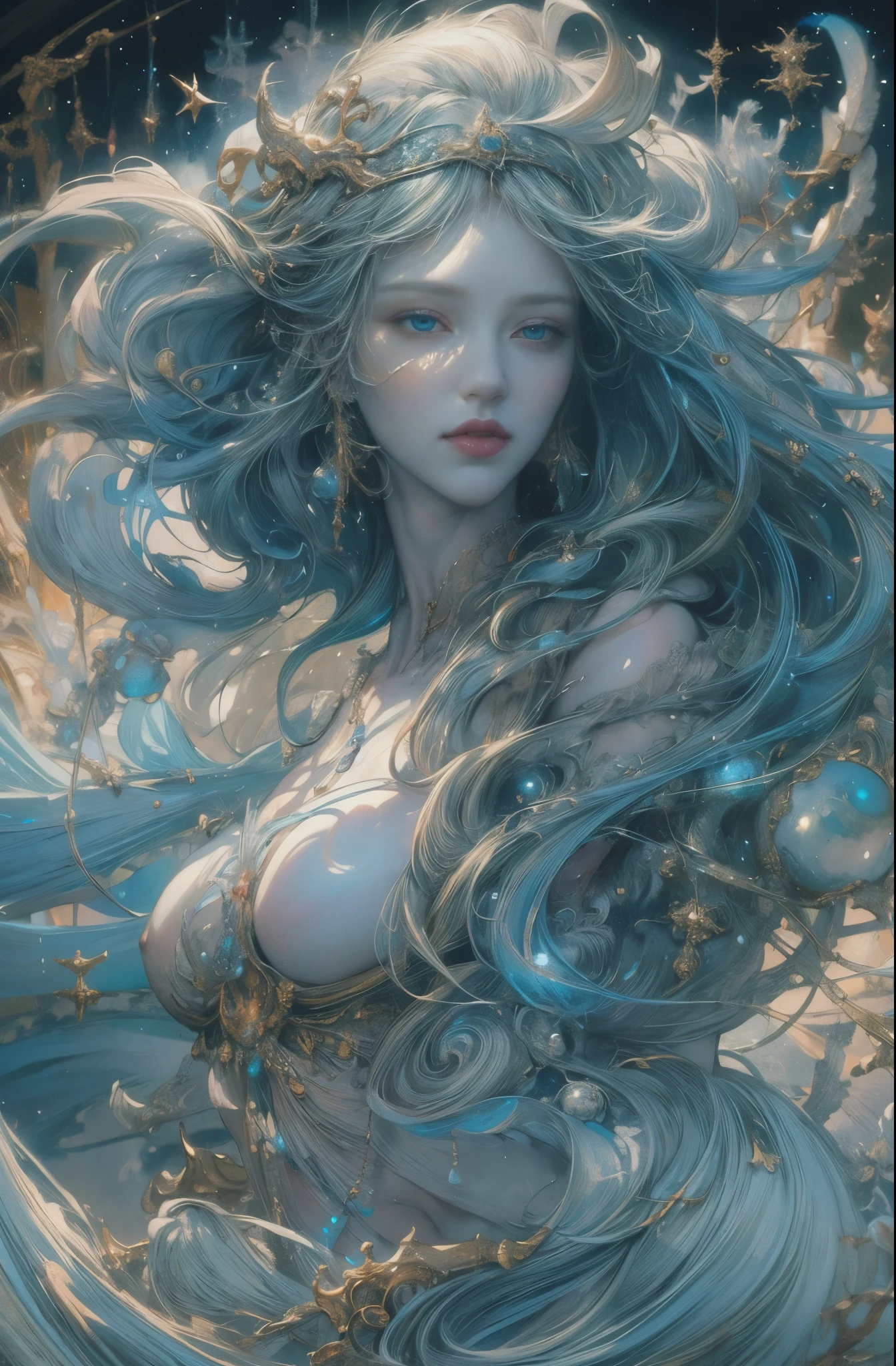 water spirit, Tethys, goddess of the sea, Guardian of the seas, sacred, Mystery of the Deep Sea, Majestic, dignity, 4K fantasy art, Written by Gene Jay., fantasy art style, 2. 5D CGI Anime Fantasy Artwork, epic fantasy art style hd, Epic fantasy digital art style, detailed fantasy art, Detailed digital 2D fantasy art, Luan Jia and Artgerm, 8K fantasy art, sharp outline, very fine and beautiful eyes, Beautiful and delicate blue eyes, pretty much beautiful face, unparalleled beauty, masterpiece, highest quality, perfect angle, perfect composition, best shot, official art, cinematic light, very beautiful and fantastic scenery, chivalry dream, sense of presence, Michael&#39;S letter, Christoph Huge 、Ultra-precision coating, Luminousism, art by Carne Griffiths and What a bone concept art, 4K resolution, Fractal isometricdetailed bioluminescence , 3D rendering, octane rendering, intricately detailed , cinematic, Trending isometric surreal cover photos、art station&#39;amazing full color, handwritten, Defining a hit , cinematic,amazing background, abstract beauty,stand, approaching perfection, pure form, golden ratio, minimalistic, unfinished, concept art, Written by Brian Froud、khan griffith、What a bone、john william waterhouse, intricate details, 8K post production, High resolution, hyper detail, art stationのトレンド, studio photography, intricate details, Very delicate and detailed painting style, Beautiful painting art, greg latkowski, Close-up, female solo