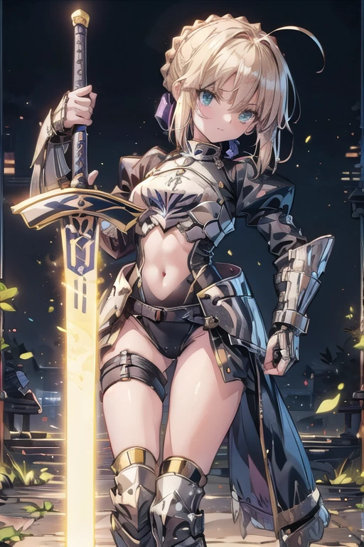 Artoria Pendragon (saber),Yellow theme，holdingsword，armor，exposing your navel，SakuraNS，Promotional poster style，((D cup))，exposing your navel，y one-piece stockings，Happy look，Fleshy thighs
