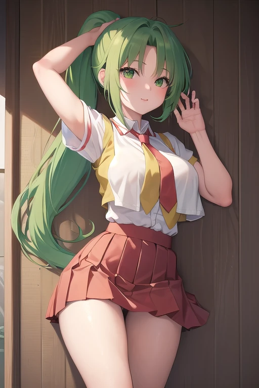 masterpiece, highest quality, Super detailed, 1 girl,  Mion Sonozaki, green hair, green eyes, ponytail, white shirt, red tie, yellow vest, red mini skirt,thighs、full body shot