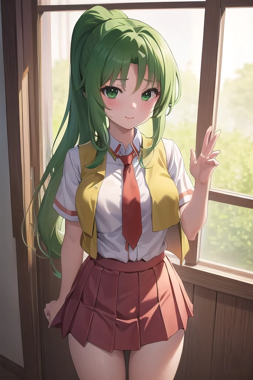 masterpiece, highest quality, Super detailed, 1 girl,  Mion Sonozaki, green hair, green eyes, ponytail, white shirt, red tie, yellow vest, red mini skirt,thighs、full body shot