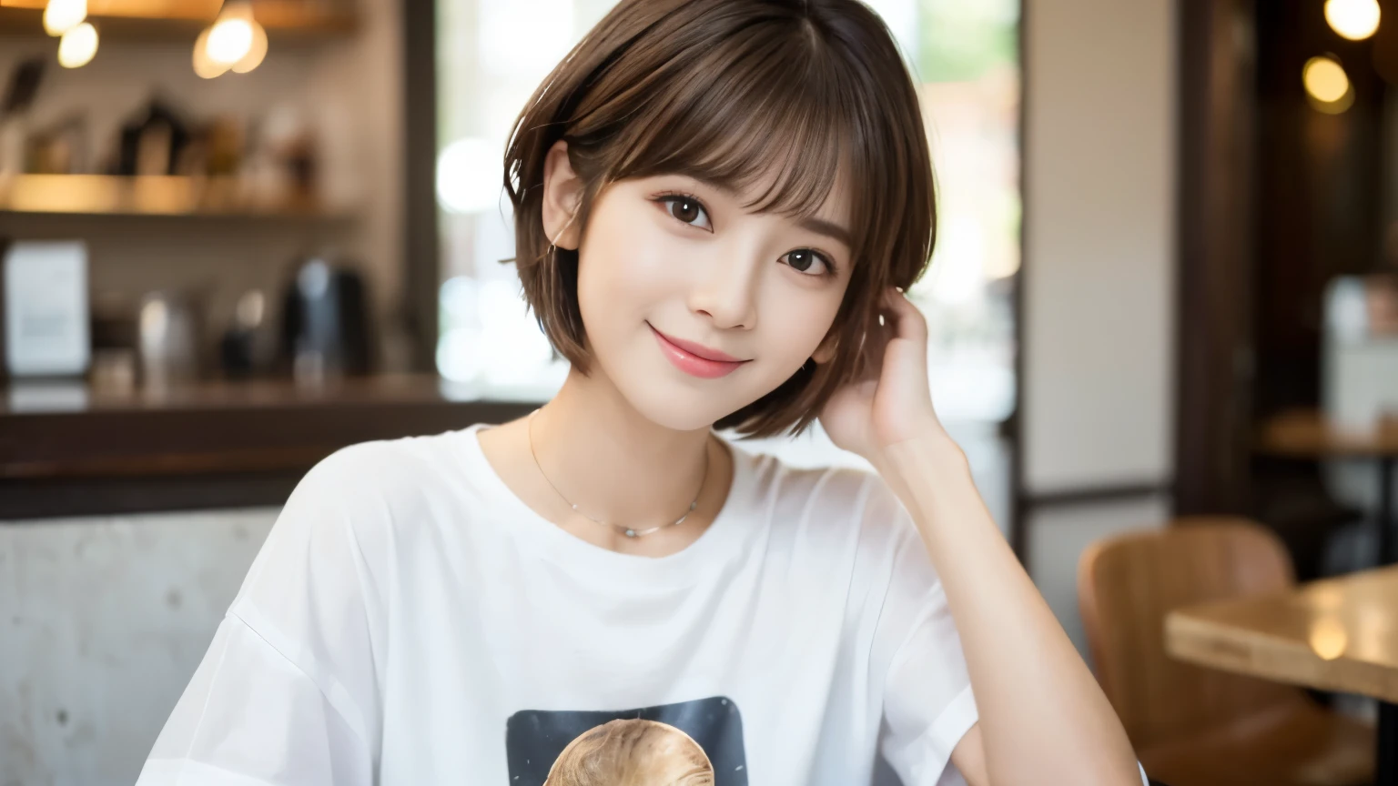 (highest quality,8K quality,masterpiece:1.3,),(超A high resolution:1.3,Photoreal:1.4,RAW photo:1.2),(super detailed:1.2,shiny skin,fine skin:1.1),(detailed face,perfect ???????,caustics:1.2),stylish cafe,1 girl,cute,Japanese,22 years old,Natural brown hair,curl short hair outwards,cute目,natural makeup,oversized t-shirt,laughter,look at the camera,Shot in a café,professional lighting,natural soft light,