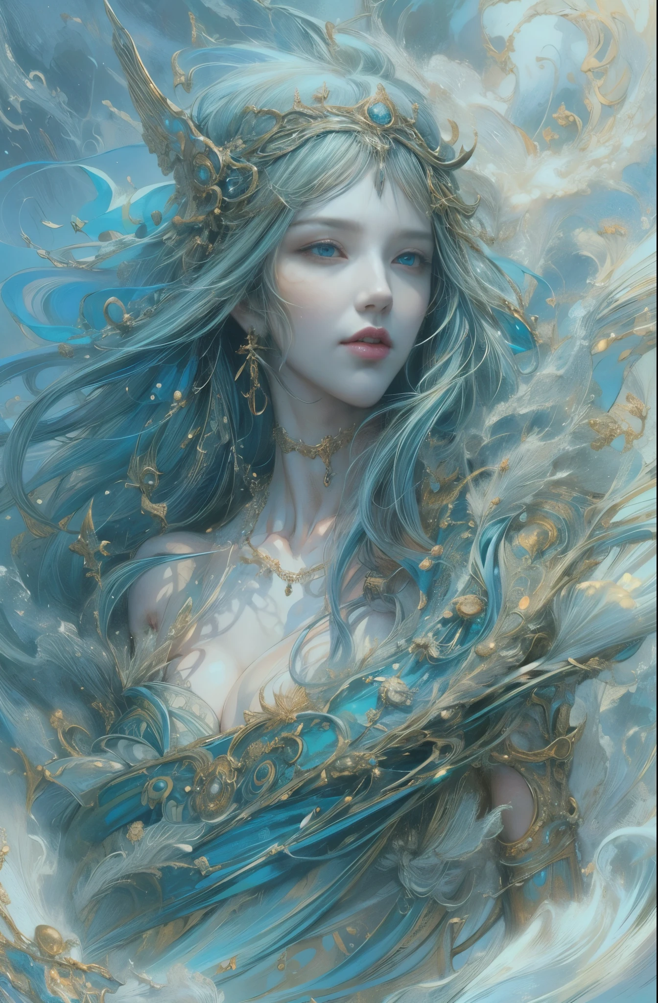 water spirit, Tethys, goddess of the sea, Guardian of the seas, sacred, Mystery of the Deep Sea, Majestic, dignity, 4K fantasy art, Written by Gene Jay., fantasy art style, 2. 5D CGI Anime Fantasy Artwork, epic fantasy art style hd, Epic fantasy digital art style, detailed fantasy art, Detailed digital 2D fantasy art, Luan Jia and Artgerm, 8K fantasy art, sharp outline, very fine and beautiful eyes, Beautiful and delicate blue eyes, pretty much beautiful face, unparalleled beauty, masterpiece, highest quality, perfect angle, perfect composition, best shot, official art, cinematic light, very beautiful and fantastic scenery, chivalry dream, sense of presence, Michael&#39;S letter, Christoph Huge 、Ultra-precision coating, Luminousism, art by Carne Griffiths and What a bone concept art, 4K resolution, Fractal isometricdetailed bioluminescence , 3D rendering, octane rendering, intricately detailed , cinematic, Trending isometric surreal cover photos、art station&#39;amazing full color, handwritten, Defining a hit , cinematic,amazing background, abstract beauty,stand, approaching perfection, pure form, golden ratio, minimalistic, unfinished, concept art, Written by Brian Froud、khan griffith、What a bone、john william waterhouse, intricate details, 8K post production, High resolution, hyper detail, art stationのトレンド, studio photography, intricate details, Very delicate and detailed painting style, Beautiful painting art, greg latkowski, Close-up, female solo