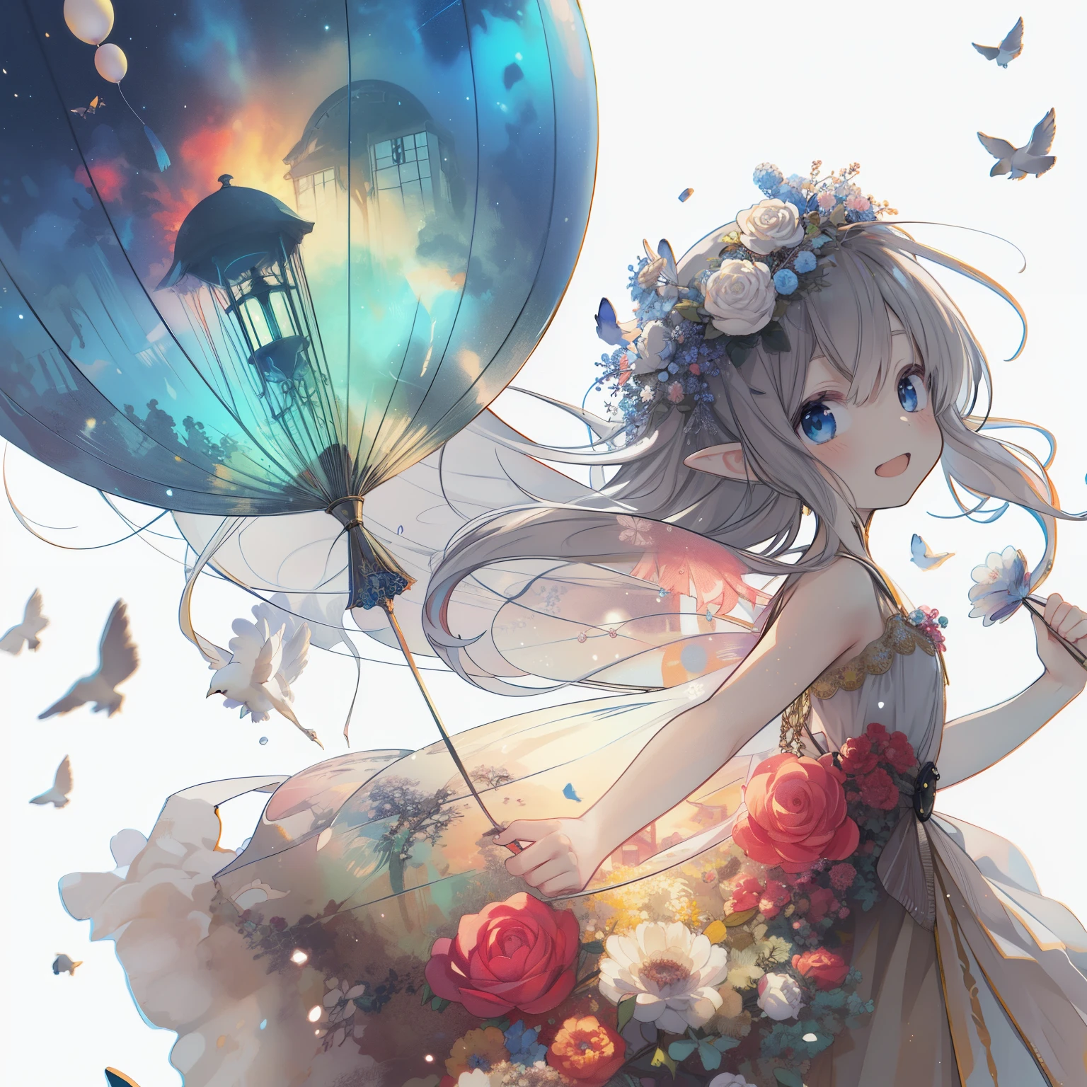 Correct fingertips、look at the audience、anime girl with a balloon and a bird in the sky, beautiful anime artwork, beautiful fantasy anime, beautiful anime art, anime art wallpaper 4 k, anime art wallpaper 4k, a beautiful artwork illustration, digital art on pixiv, anime fantasy illustration, space flower fairy, anime art wallpaper 8 k, by Yuumei, anime fantasy artwork