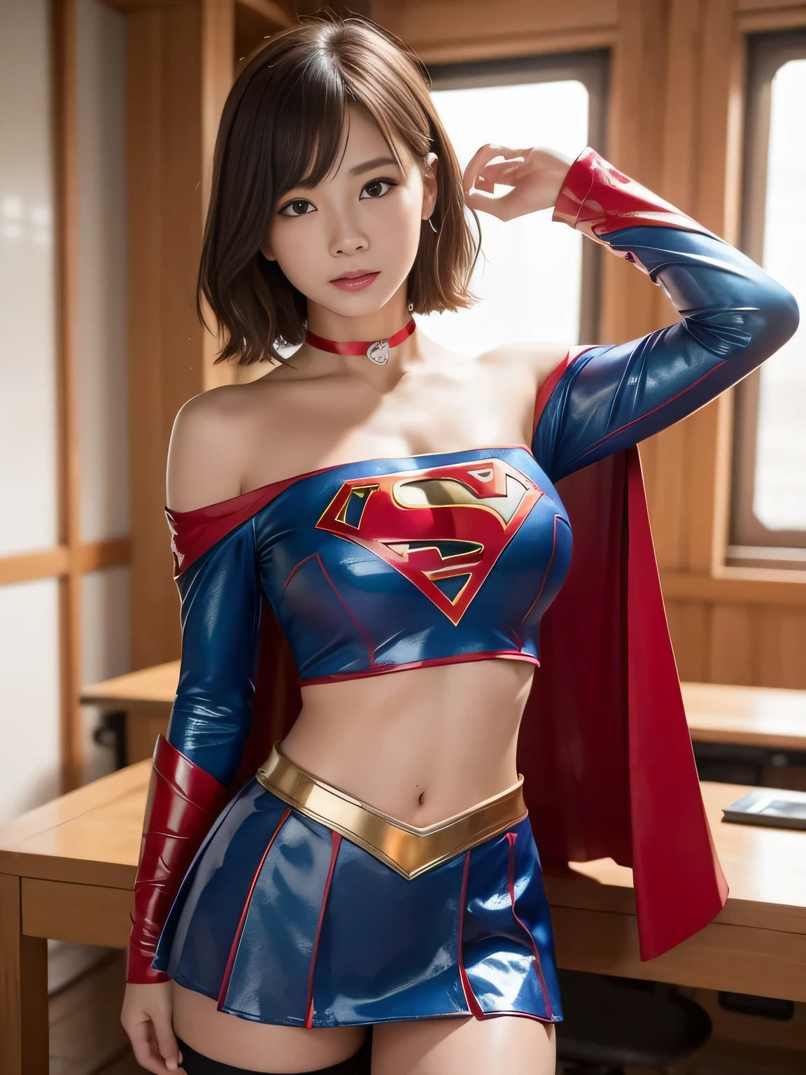 masterpiece、supergirl costume、short hair、barefoot、big and full breasts、Research room、operating table、yoga pose、Tattered、shiny、look at the camera、Sexy poses to seduce、model body shape、choker、long sleeve、red mini skirt、Cowgirl、Estrus、sweaty、Radical、off shoulder、Glamorous、