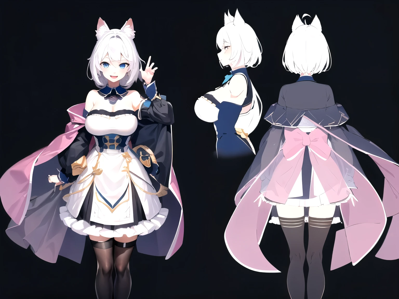 ((upright)), ((arm to the side)), looking at the viewer, simple background、white background, 1 girl, open your mouth, smile, Virtual YouTuber、with a girl、((highest quality, expensive_solve, clear_image)),(black hair), (black cat ears), (Ahoge), (ridiculously short hair), (wavy hair), (blue eyes),、laughter、very big breasts、whole body、I can see the cleavage、Dressed in student uniform、character sheet,character reference sheet, character design sheet, ((View from the front, side view)) symmetrical elements of clothing,