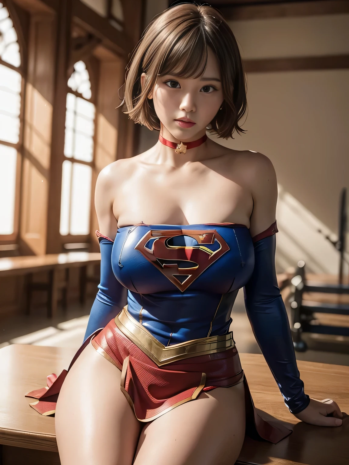 masterpiece、supergirl costume、short hair、barefoot、big and full breasts、Research room、operating table、pilates、Tattered、shiny、look at the camera、Sexy poses to seduce、model body shape、choker、long sleeve、red mini skirt、Cowgirl、Estrus、sweaty、Radical、off shoulder、Glamorous、