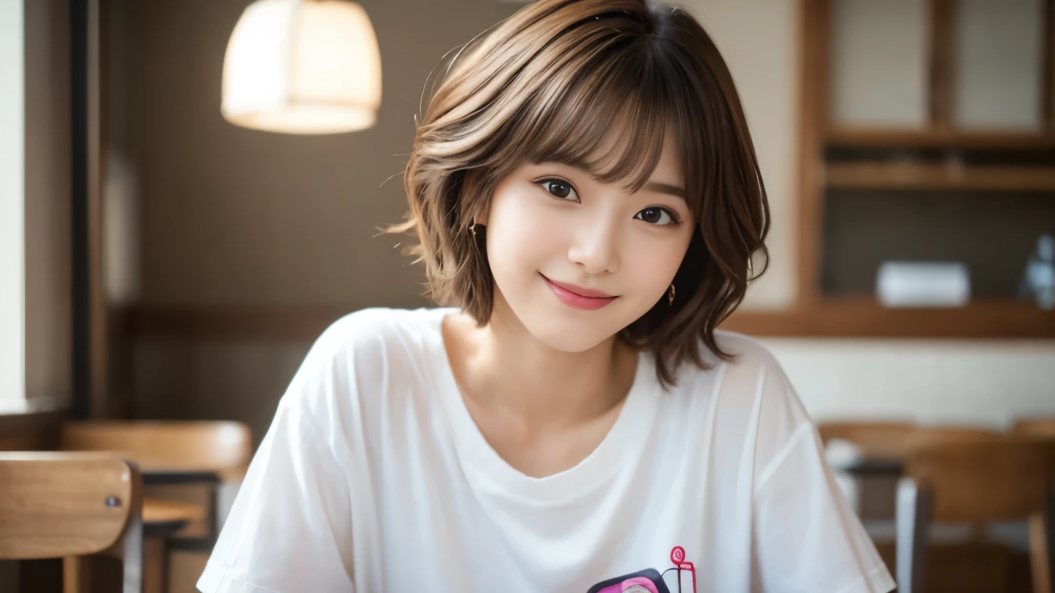 (highest quality,8K quality,masterpiece:1.3,),(超A high resolution:1.3,Photoreal:1.4,RAW photo:1.2),(super detailed:1.2,shiny skin,fine skin:1.1),(detailed face,perfect anatomy,caustics:1.2),stylish cafe,1 girl,cute,Japanese,22 years old,Natural brown hair,curl short hair outwards,cute目,natural makeup,oversized t-shirt,laughter,look at the camera,Shot in a café,professional lighting,natural soft light,