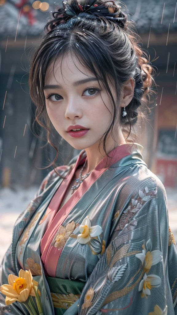 (Photoreal:1.5, 8K, highest quality, masterpiece, ultra high resolution), (((heavy snow, Blizzard))), Highly detailed skin and facial textures:1.3, perfect dynamic composition:1.2, (In front of a shrine at night in a modern city, expression of sadness:1.0, Tears are flowing:1.0, cry with a broken heart:1.0), Slim office lady wet in the rain:1.2, cowboy shot, Fair skin:1.2, sexy beauty:1.1, perfect style:1.2, beautiful and aesthetic:1.1, very beautiful face:1.2, water droplets on the skin, (rain drips all over my body:1.2, wet body:1.2, wet hair:1.3), (Professional kimono dressing:1.1, Bouquet of wet daffodils in hand:1.2, Wearing a wet silver kimono correctly:1.3), (Medium chest, bra is see-through, Chest gap), (Big eyes that exude beautiful eroticism:0.8, adult charm:0.8, Bewitching:0.8), necklace, earrings, bracelet, wedding ring, Highly detailed and accurate hand and finger representation