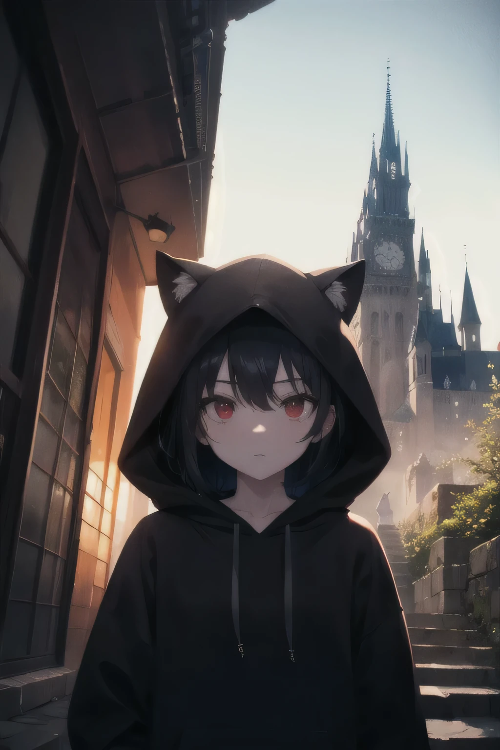 best quality, masterpiece, black hair, red eyes, looking at me, upper body, ower sized hoodie, landscape, cinematic, lighting, Castle rare 