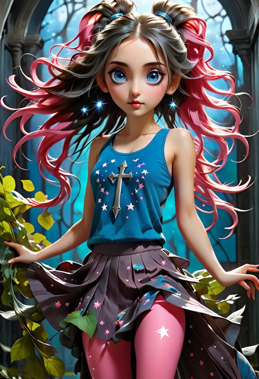 ((Shining above a girl's hands is a floating silver gothic crucifix)) She is wearing a blue tank top covered in small stars, over trhe tank top is a pink hoody with grey trimmings at the ends she wears a long blue and white mix triple pleated gypsy skirt on her feet is black and pink. Polkadot socks, Her big eyes are bule mix with red and her black long spiralling hair is tied back in pony tail with Wide brown roots from leaves