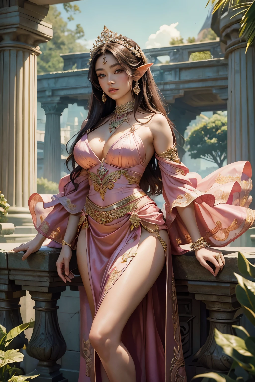 Masterpiece, digital artwork of a gorgeous, beautifully crafted brunette elf woman adorned in a pink satin dress, the fabric of which flows flawlessly around her curves. Waist chains cascade down her waist, complementing her voluptuous figure. She stands gracefully within the elegant confines of a marble palatial courtyard, surrounded by intricately carved pillars and lush greenery. The artwork is rendered in the magnificent style of Makato Shinkai, meticulously detailed with pores visible on her flawless skin, textured hair, and individual strands of fabric delicately capturing the breeze. The vibrant pink hue of her dress refracts dazz