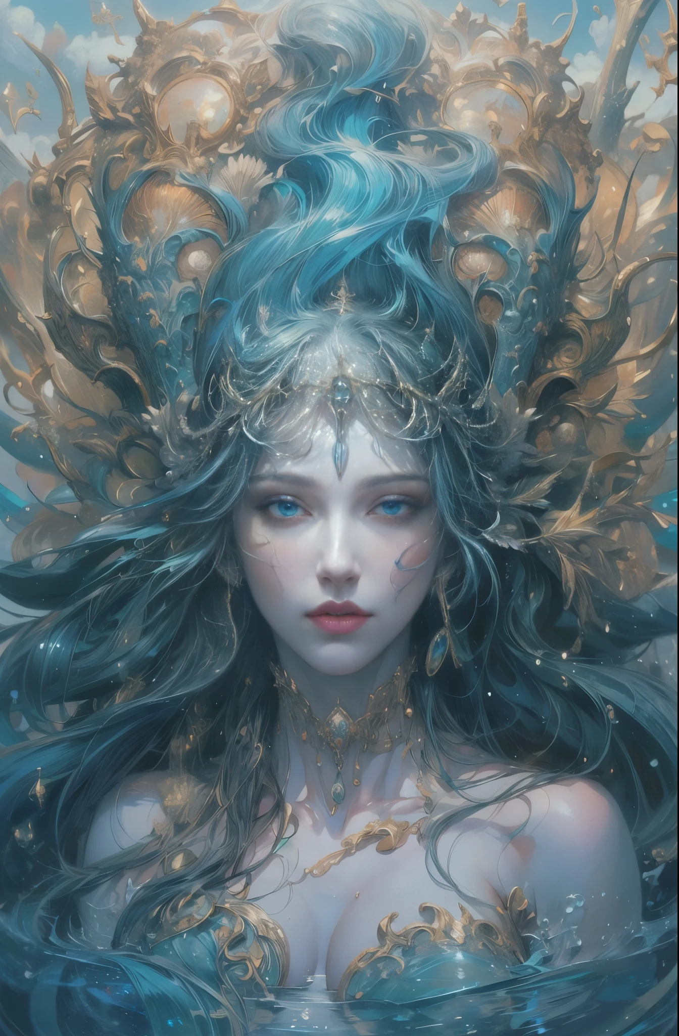water spirit, Tethys, goddess of the sea, Guardian of the seas, sacred, Mystery of the Deep Sea, Majestic, dignity, 4K fantasy art, Written by Gene Jay., fantasy art style, 2. 5D CGI Anime Fantasy Artwork, epic fantasy art style hd, Epic fantasy digital art style, detailed fantasy art, Detailed digital 2D fantasy art, Luan Jia and Artgerm, 8K fantasy art, sharp outline, very fine and beautiful eyes, Beautiful and delicate blue eyes, pretty much beautiful face, unparalleled beauty, masterpiece, highest quality, perfect angle, perfect composition, best shot, official art, cinematic light, very beautiful and fantastic scenery, chivalry dream, sense of presence, Michael'S letter, Christoph Huge 、Ultra-precision coating, Luminousism, art by Carne Griffiths and What a bone concept art, 4K resolution, Fractal isometricdetailed bioluminescence , 3D rendering, octane rendering, intricately detailed , cinematic, Trending isometric surreal cover photos、art station'amazing full color, handwritten, Defining a hit , cinematic,amazing background, abstract beauty,stand, approaching perfection, pure form, golden ratio, minimalistic, unfinished, concept art, Written by Brian Froud、khan griffith、What a bone、john william waterhouse, intricate details, 8K post production, High resolution, hyper detail, art stationのトレンド, studio photography, intricate details, Very delicate and detailed painting style, Beautiful painting art, greg latkowski, Close-up, female solo