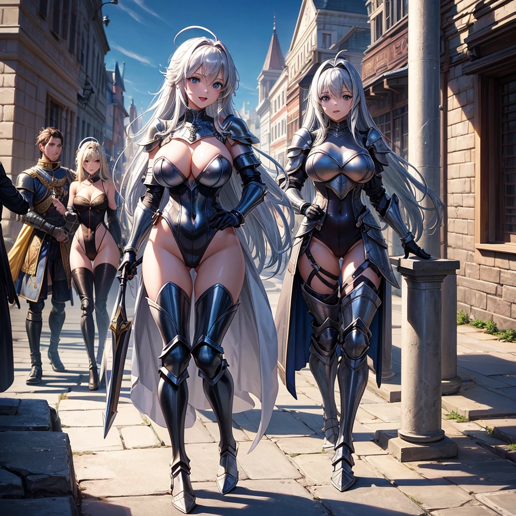 Woman knight、a beauty girl、huge tit、Excellent style、Nice Buddy、glamorous、leotard、s Armor、Shoulder rest armor、Bra chest armor、knee boots、gauntlets、hair adornments、silber hair、Longhaire、Ahoge、is standing、full body seen 、Medieval city、Walking、slightly open mouth、a smile、