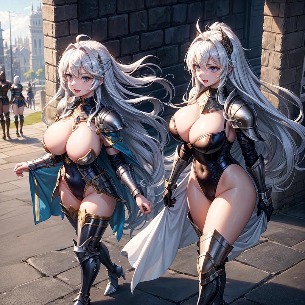Woman knight、a beauty girl、huge tit、Excellent style、Nice Buddy、glamorous、leotard、s Armor、Shoulder rest armor、Bra chest armor、knee boots、gauntlets、hair adornments、silber hair、Longhaire、Ahoge、is standing、full body seen 、Medieval city、Walking、slightly open mouth、a smile、