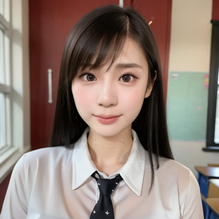 (kawaii 24 year-old Japanese girl, Nogizaka idol, Korean idol), (glossy black hair, high ponytail, center ponytail, single ponytail:1.3), (rounded face, single eyelid, no makeup, soft smiling:1.2), (wearing collared shirt, necktie:1.3), (well shaped extra small breasts), (looking at viewer:1.2), BREAK, (classroom background, standing by the window:1.3), (dynamic angle, face focus:1.3), BREAK, (masterpiece, best quality, photo realistic, official art:1.4), (UHD, 8K quality wallpaper, high resolution, raw photo, film grain:1.2), (shiny skin), professional lighting, physically based rendering, award winning, (perfect anatomy, highly detailed skin textures, extremely detailed face and eyes, well drawn glittering pupils), Carl Zeiss 85 mm F/1.4, depth of field, 1girl, solo,