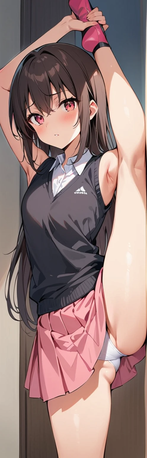 (masterpiece, best quality:1.2), 1girl, solo,standing_split,
Yuuki Mikan, long hair,black sleeveless short vest,pink skirt,black