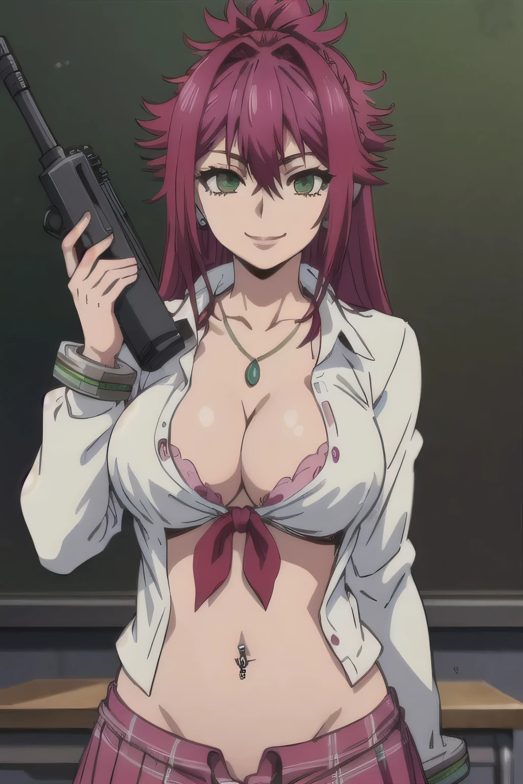 Rin, smile, large breast, masterpiece, best quality, ((unbuttoned , cleavage, necklace, earrings, sexy body,
breasts)) , micro skirt, smiling, navel , exposed belly, exposed navel,(nsfw) not safe for work,school,
classroom , holding a gun, hold a gun,navel piercing