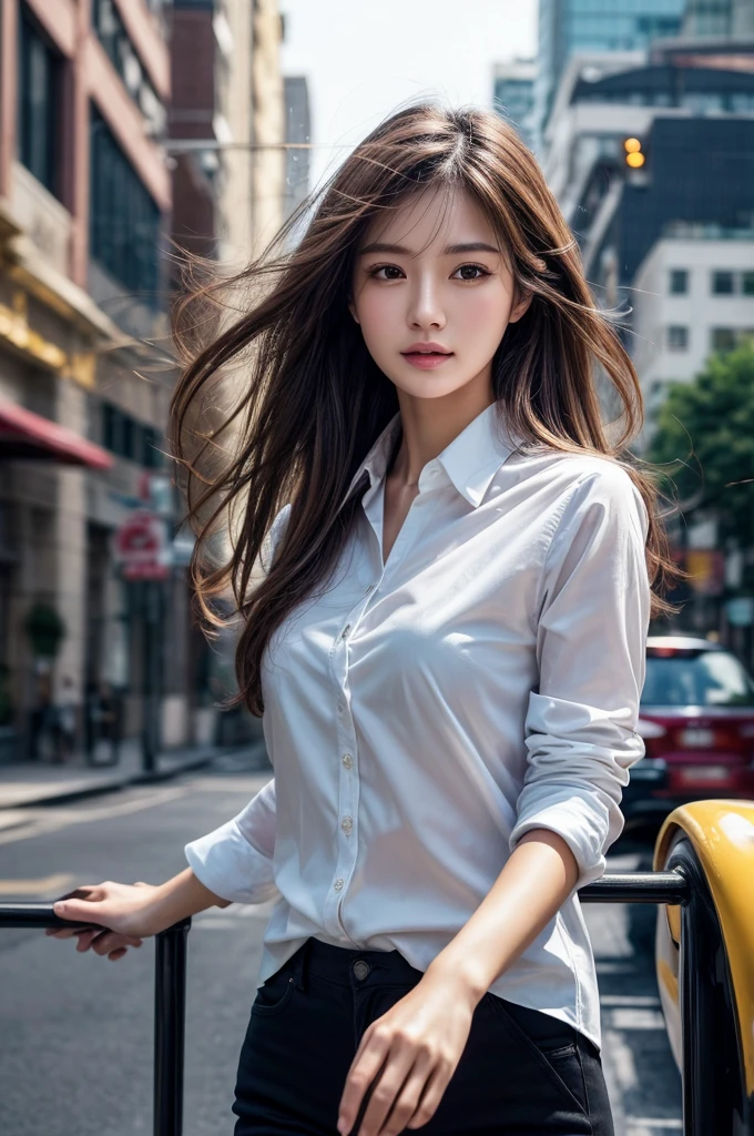 highest quality, realistic, Super detailed, finely, High resolution, 8k wallpaper, 1 beautiful woman, In casual business attire, messy hair, perfect dynamic composition, finelyて美しい目、(((超highest quality, masterpiece))), (((very detailed)))