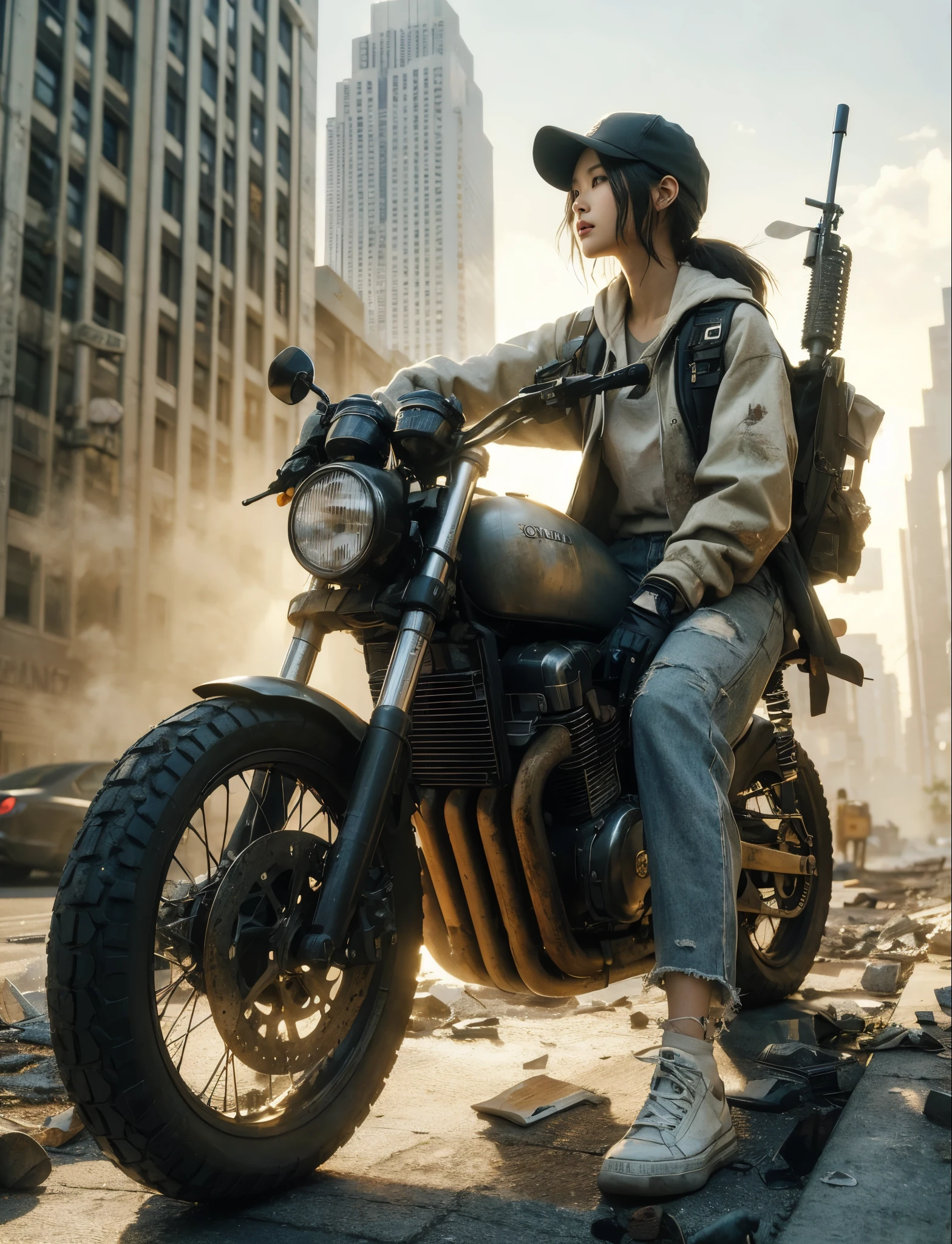 ８K,realistic photo、realistic skin texture、A beautiful Japanese woman living in America rides a Honda motorcycle、Dirty long coat、Shotgun sling on shoulder、baseball cap、high cut sneakers、Debris-strewn downtown、sunny、cool composition、