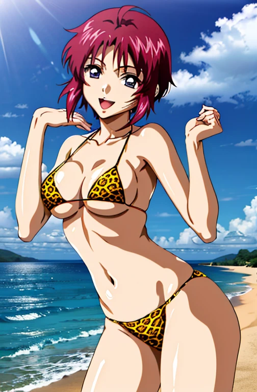 (masterpiece, 4k, highest quality, anime style: 1.9, detailed face, Lovely, Ocean,Thick drawn lines, High resolution, anime, lake 4. alone, Curvaceous, thighs, cleavage, medium breasts, smile, please open your mouth wide, very slim belly, cowboy shot, short hair, Ahoge, redhead, purple eyes, purple hair,leopard print bikini,1 girl