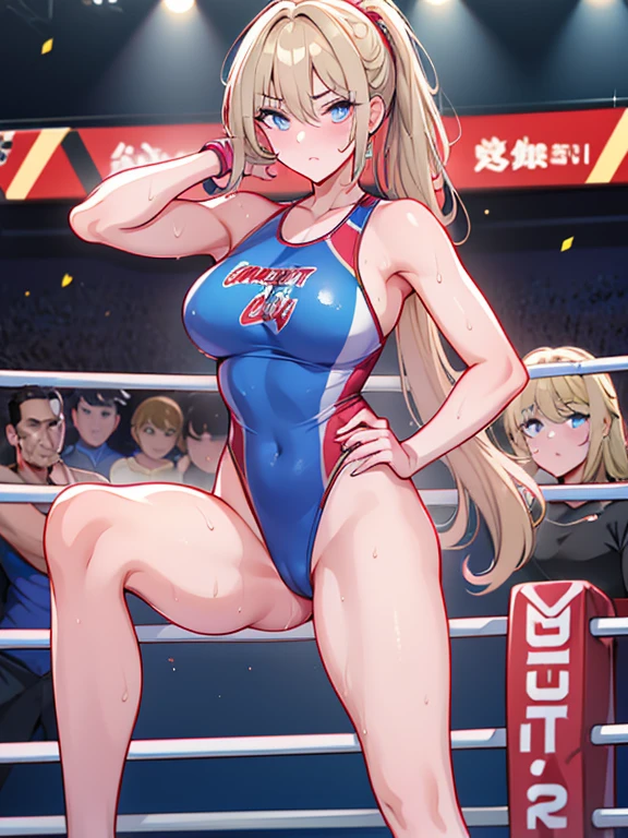 ((Best quality)), ((masterpiece)), ultra detailed face, ((1 girl)), female wrestler, one-piece competition swimsuit, athletic supporters, ((wrestling ring)), ponytail,milf, 30s, sweaty armpit, very sweaty, standing, victory pose, looking at viewer, highleg, serious, determined, victorious, 