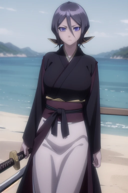 rukiakuchiki, rukia kuchiki, shorthair rukia, short hair, black hair, ((huge breast)), hair between eyes, (purple eyes:1.1),
BREAK weapon, japanese clothes, sword, kimono, katana, sheath, hakama, black kimono, long sleeves, wide sleeves,
BREAK outdoors, city
BREAK looking at viewer, (cowboy shot:1.5),
BREAK (masterpiece:1.2), best quality, high resolution, unity 8k wallpaper, (illustration:0.8), (beautiful detailed eyes:1.6), extremely detailed face, perfect lighting, extremely detailed CG, (perfect hands, perfect anatomy),