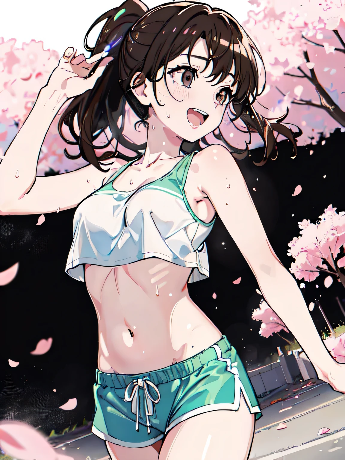((absurdres:1.5)), (anatomically correct), (white crop top), (green low rise shorts), (raw photo:1.2), (photorealistic:1.4), 1 cute girl, ultimate quality, masterpiece, extremely detailed CG unity 8k wallpaper, ultra-detailed, detailed puffy eyes and face, brown shiny eyes, (spotlight, perfect lighting, detailed light, dramatic shadow, ray tracing), ((cowboy shot)), (brown low ponytail), (((body dripping with sweat))), gross thick lips, high saturation, mega breasts, (((running away)), slender, ((:d)), digital painting, (fisheye), low angle from oblique, blurring cherry blossom scenery background, looking away, windy, revealing clothes, rainbow effect, vulgar, immoral, (baby face),  teenager