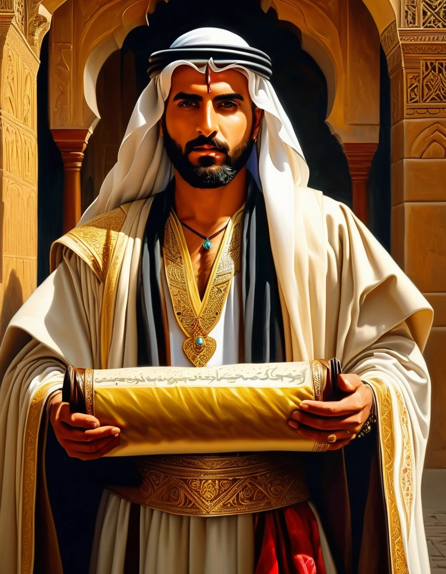 A Middle Eastern prince from the Middle Ages who is strong and friendly, packing his beautiful and fine belongings, getting ready to leave the city he visited and return to his hometown, holding an ancient scroll map, wearing a robe with gold embroidery and additional jewelry, an oil painting on canvas with a photorealistic, cinematic style