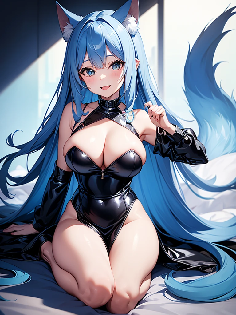 Happy woman, with wolf ears and blue hair, holding her cheeks, wolf tail, wearing a latex dress, looking at veiwer, full body, you can see her chest, naked breasts