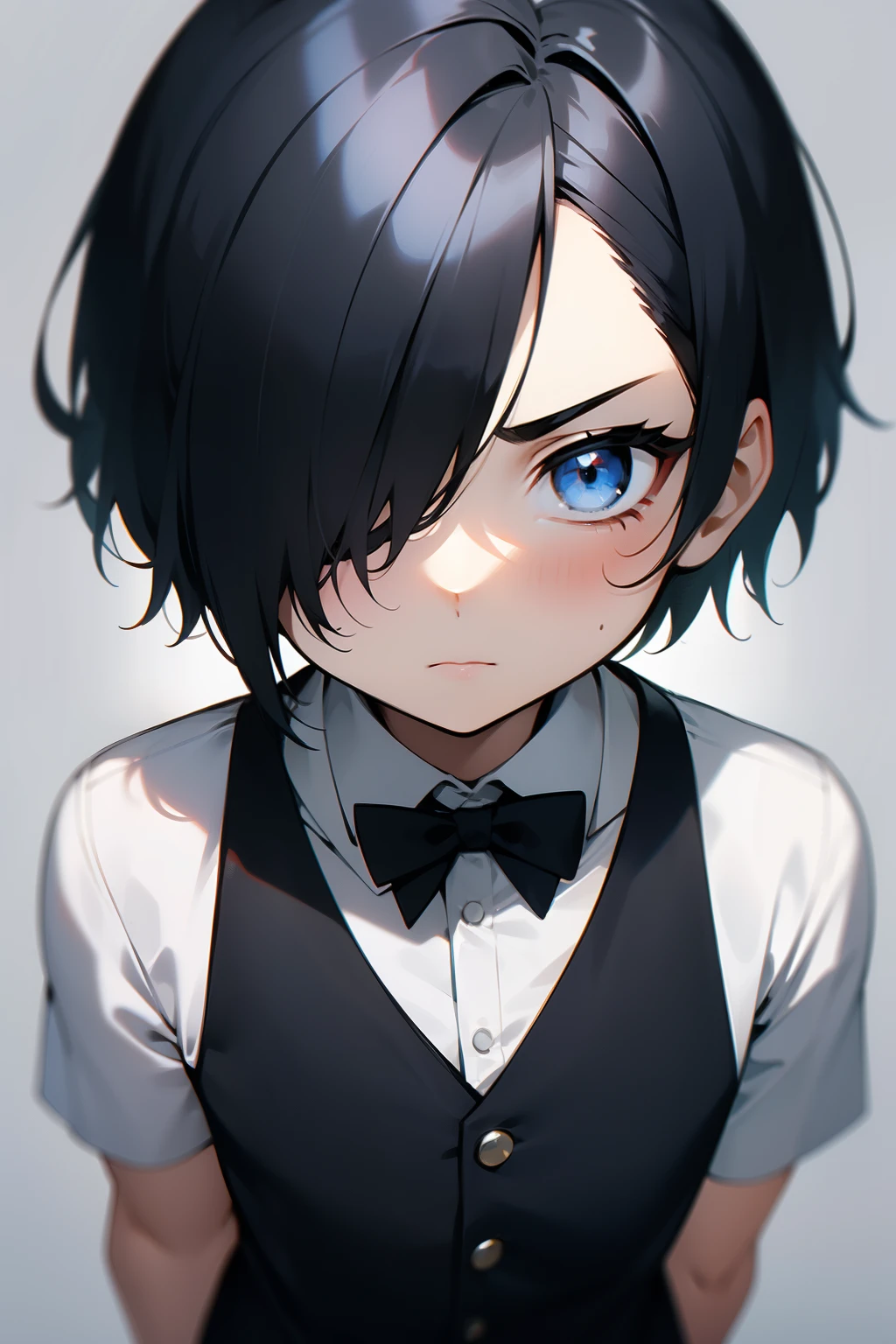 boy、asymmetrical bangs、Bangs covering the right eye、side short hair、dark blue short hair、dark blue hair、look up、,white shirt and black vest、black tie、dark blue eyes、dark blue hairHair over right eye、angry look、Front view、