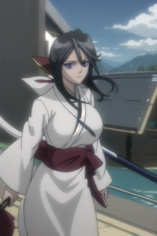 rukiakuchiki, rukia kuchiki, shorthair rukia, short hair, black hair, ((huge breast)), hair between eyes, (purple eyes:1.1),
BREAK weapon, japanese clothes, sword, kimono, katana, sheath, hakama, black kimono, long sleeves, wide sleeves,
BREAK outdoors, city
BREAK looking at viewer, (cowboy shot:1.5),
BREAK (masterpiece:1.2), best quality, high resolution, unity 8k wallpaper, (illustration:0.8), (beautiful detailed eyes:1.6), extremely detailed face, perfect lighting, extremely detailed CG, (perfect hands, perfect anatomy),