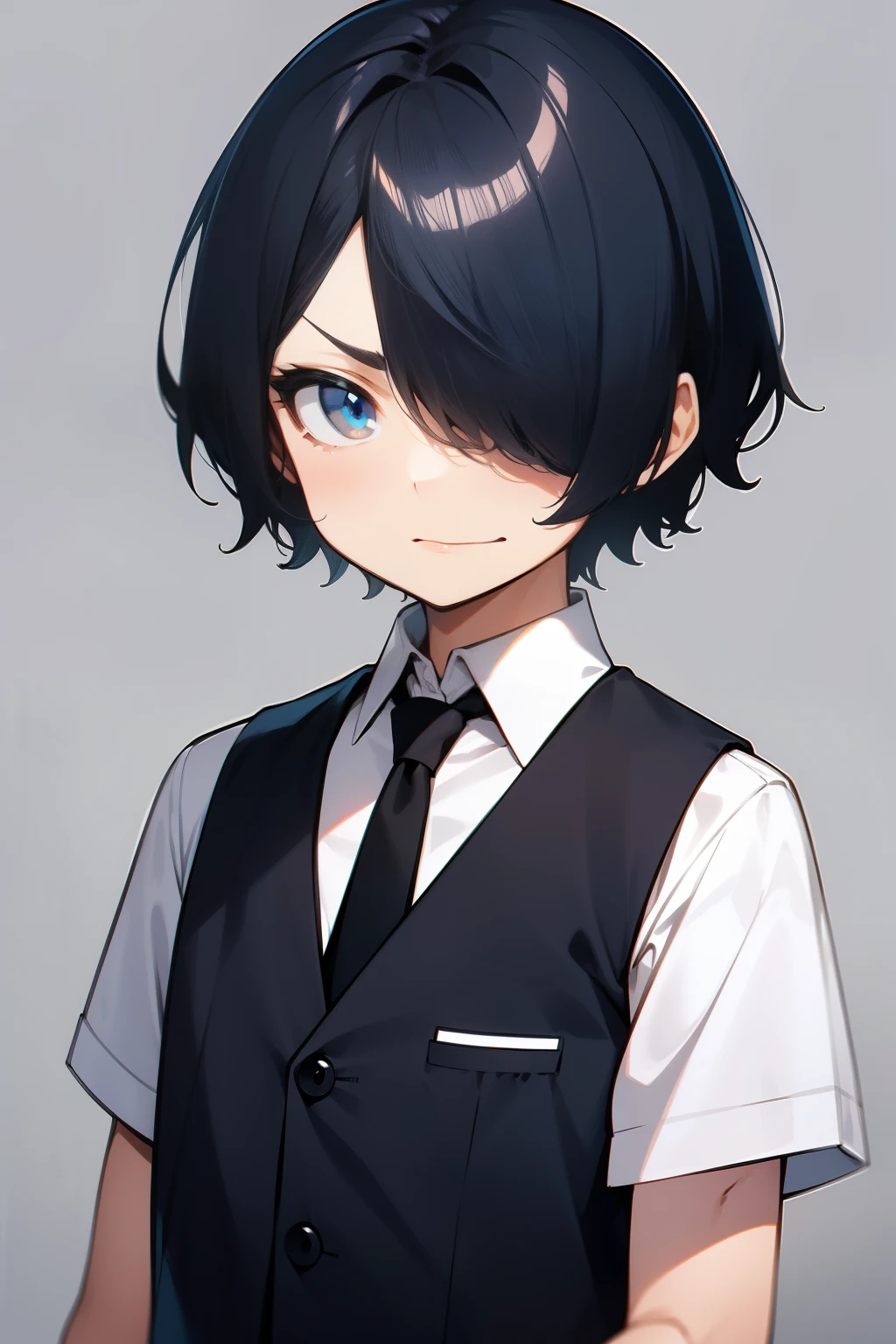 10 year old boy、asymmetrical bangs、Bangs covering the right eye、side short hair、dark blue short hair、dark blue hair、look up、，white shirt and black vest、black tie、dark blue eyes、dark blue hairHair over right eye、angry look、Front view、