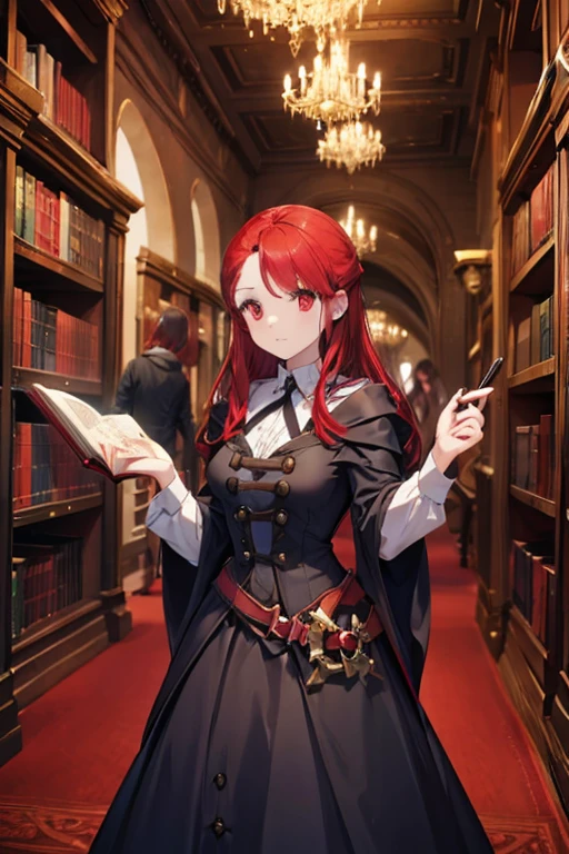 A red haired woman with red eyes with an hourglass figure in a victorian dress is picking out a spell book in the library
