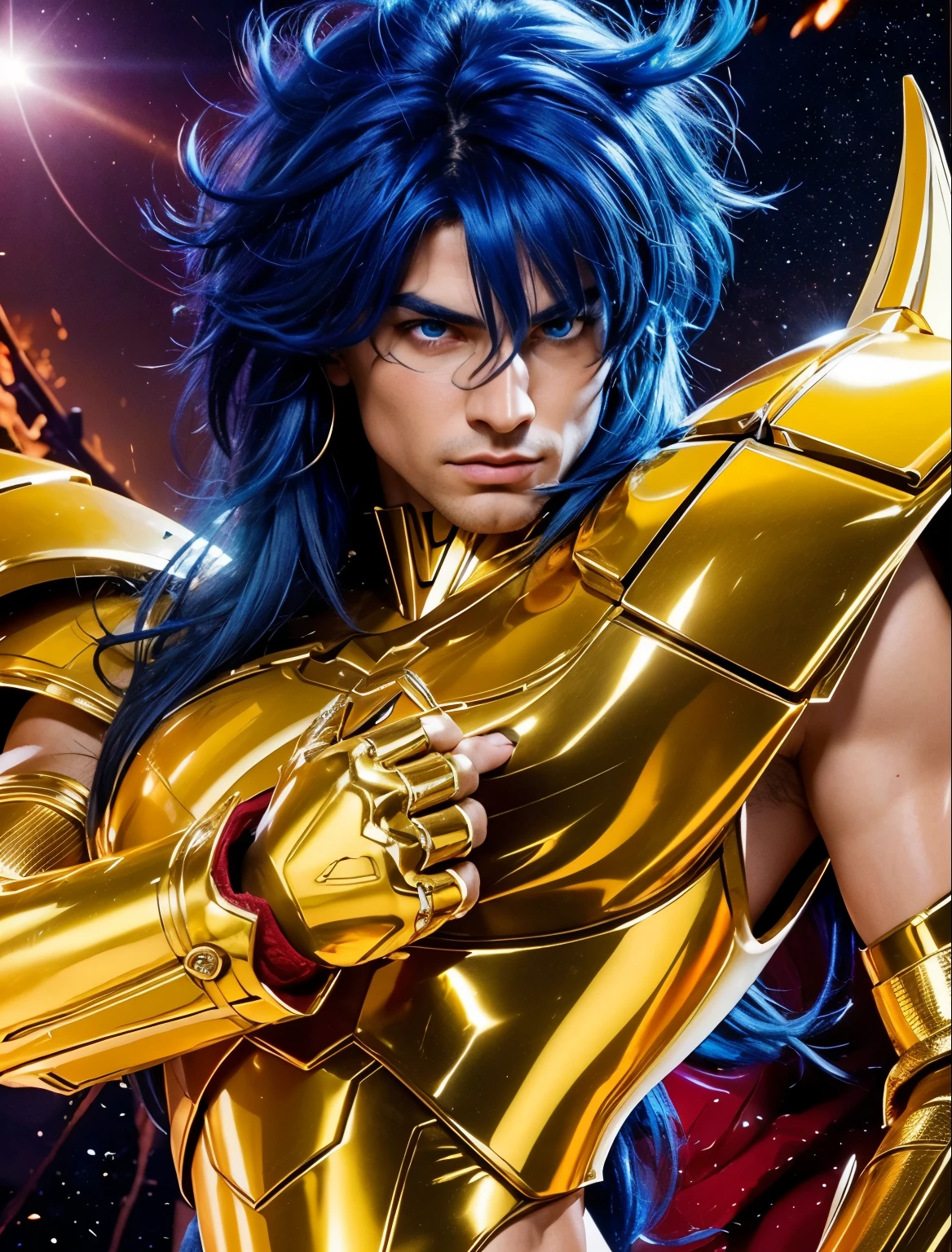 Cinematic stunningly detailed and ultra-realistic Milo Scorpio of Saint Seiya. Close up. He is wearing a golden metallic armor. Octane is the perfect tool to capture the softest details of this 16k photography masterpiece. He is a handsome caucasian man about 30 years old. 1boy. Beautiful face. Detailed face. Beautiful nose. ((Pretty big turquoise eyes)). Perfect eyes. ((well done eyes)), ((big blue eyes)). Defined eyes. Shaved. He has long ((blue) hair. Messy hair. ((Shaved)). He is staring his enemy. Right arm crossed in front chest. Long finger index red nail pointing (((Long Scarlet index finger nail))). Golden armor. Metallic armor. Cosmic purple background.