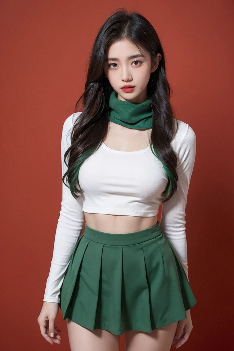 21yo girl, green hair, red background, Little pure lust suit purple dress pleated top shirt hot girl short fungal dress...upper of the body wearing White Scarf Top Long Sleeve Crop, lower of the body black nee leanth pancil skirt with slit