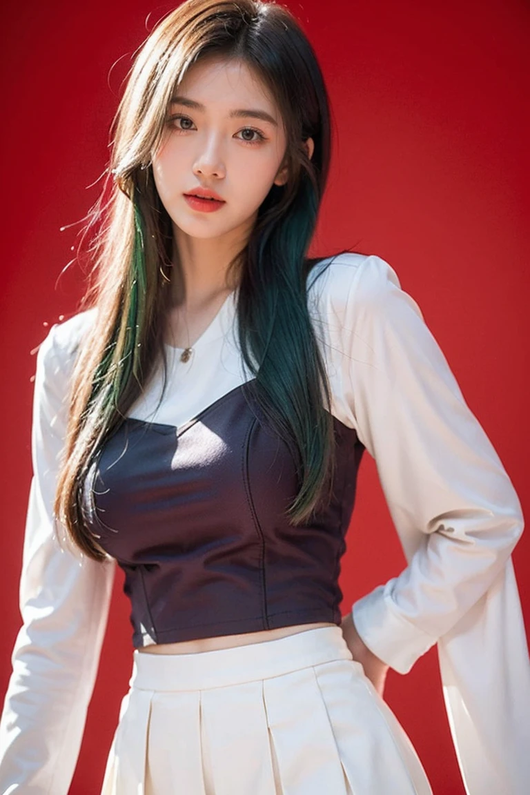 21yo girl, green hair, red background, Little pure lust suit purple dress pleated top shirt hot girl short fungal dress...upper of the body wearing White Scarf Top Long Sleeve Crop,  lower of the body black nee leanth pancil skirt with slit
