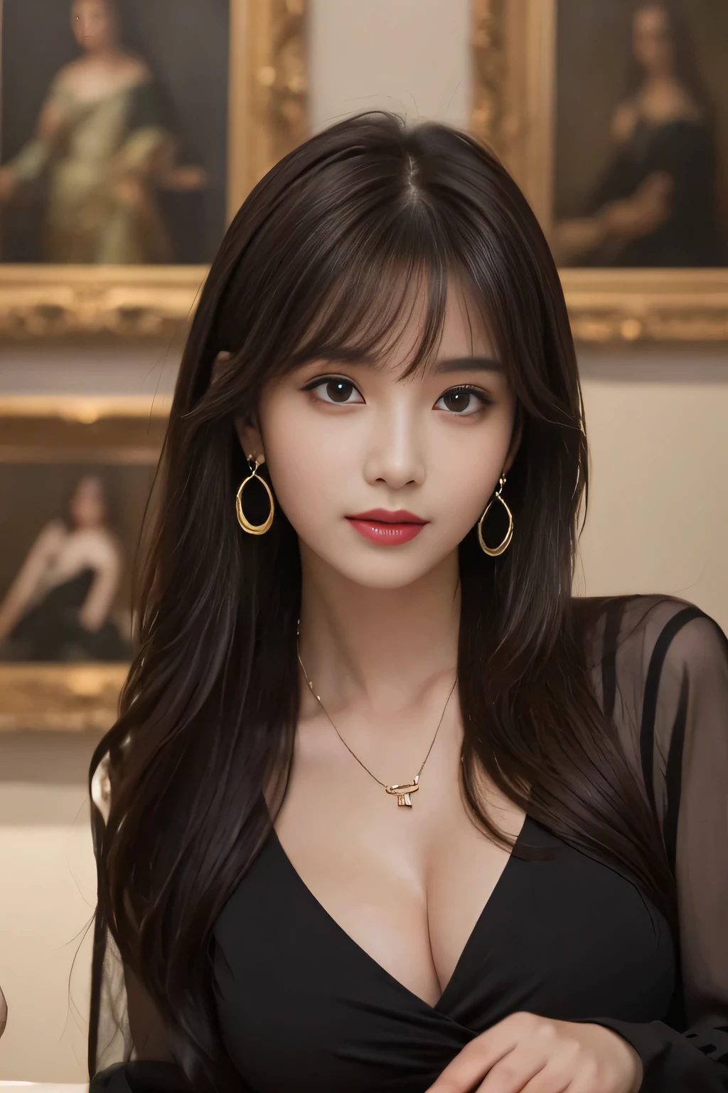(((brown long hair))), (Louvre Museum), seductive pose, (surreal), (figure), (Improved resolution), (8KUHD), (very detailed), (Best figure), (beautiful and detailed eyes), (highest quality), (super detailed), (table top ), ( wallpaper), (detailed face), alone, 1 woman, small details, detailed face, deep shadow, low key, Pure erotic face ace_V1, smile, 46 point diagonal bangs、Dark purple see-through blouse、cleavage、big necklace、big earrings
