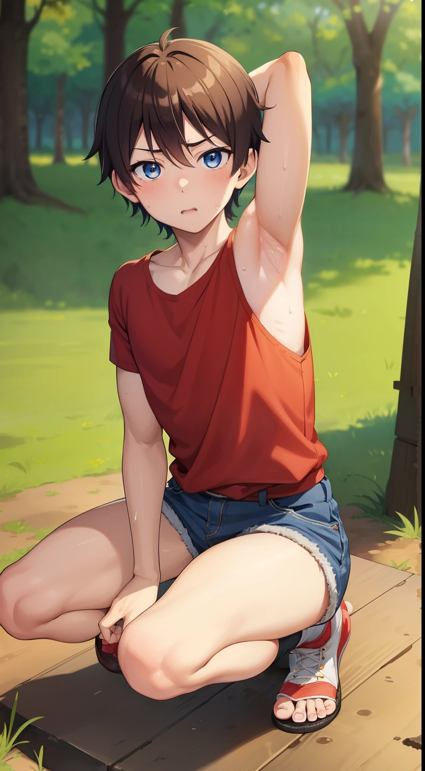 top-quality、in 8K,{1 uncle}{1 elementary school boy}Full limbs、complete fingers,short-hair,Sweating,flat breast、The background is a park、((Reveal madness)、(((( A boy shows off his kiss with his uncle ))))、(((( Love between a little boy and an old man )))