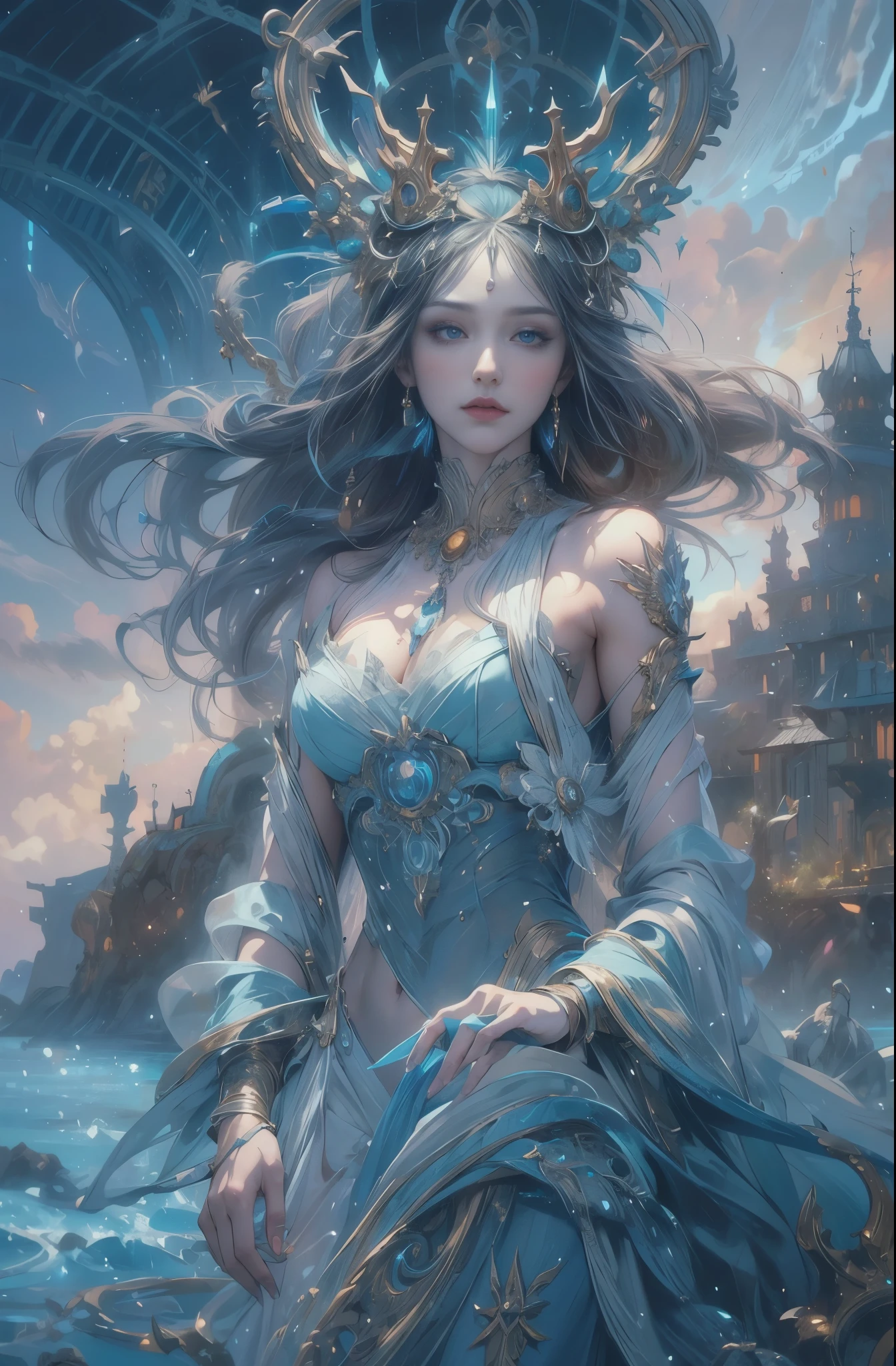 water spirit, Tethys, goddess of the sea, Guardian of the seas, sacred, Mystery of the Deep Sea, Majestic, dignity, 4K fantasy art, Written by Gene Jay., fantasy art style, 2. 5D CGI Anime Fantasy Artwork, epic fantasy art style hd, Epic fantasy digital art style, detailed fantasy art, Detailed digital 2D fantasy art, Luan Jia and Artgerm, 8K fantasy art, sharp outline, very fine and beautiful eyes, Beautiful and delicate blue eyes, pretty much beautiful face, unparalleled beauty, masterpiece, highest quality, perfect angle, perfect composition, best shot, official art, cinematic light, very beautiful and fantastic scenery, chivalry dream, sense of presence, Michael&#39;S letter, Christoph Huge 、Ultra-precision coating, Luminousism, art by Carne Griffiths and What a bone concept art, 4K resolution, Fractal isometricdetailed bioluminescence , 3D rendering, octane rendering, intricately detailed , cinematic, Trending isometric surreal cover photos、art station&#39;amazing full color, handwritten, Defining a hit , cinematic,amazing background, abstract beauty,stand, approaching perfection, pure form, golden ratio, minimalistic, unfinished, concept art, Written by Brian Froud、khan griffith、What a bone、john william waterhouse, intricate details, 8K post production, High resolution, hyper detail, art stationのトレンド, studio photography, intricate details, Very delicate and detailed painting style, Beautiful painting art, greg latkowski, Close-up, female solo