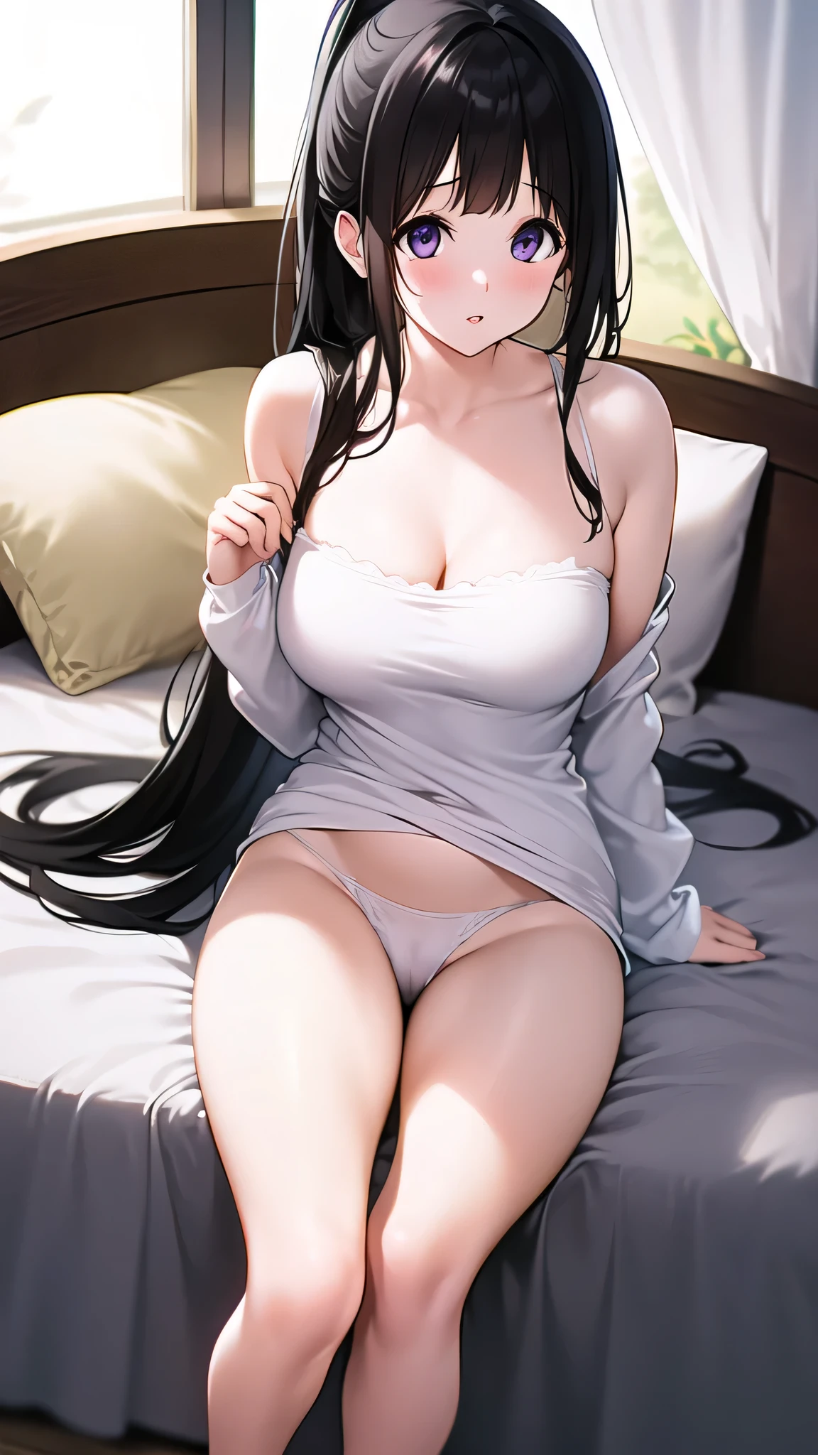 Stunning Chitanda, There is only one beautiful girl,purple eyes, black hair, single ponytail, straight bangs,extremely refined,adult face,lips open,flowing long hair,Peerless beautiful girl, dreamlike,Slim,soft, (Sensual), (kawaii), Dream quality,Wearing only a white sweater,bed,raise your legs,strong sunlight,summer,hair covering chest,extremely shy,Hands are not exposed,There are water droplets on the body,no pants,There are no shoulder straps,camel toe,no underwear,side breasts,showing areola,Bare thighs,bare shoulders,Clavicle exposed,bare neck,groin,barefoot,bare breasts,ultra high resolution, (masterpiece:1.2, best quality), (Exquisite and beautiful eyes: 1.2), (Beautiful and delicate face)