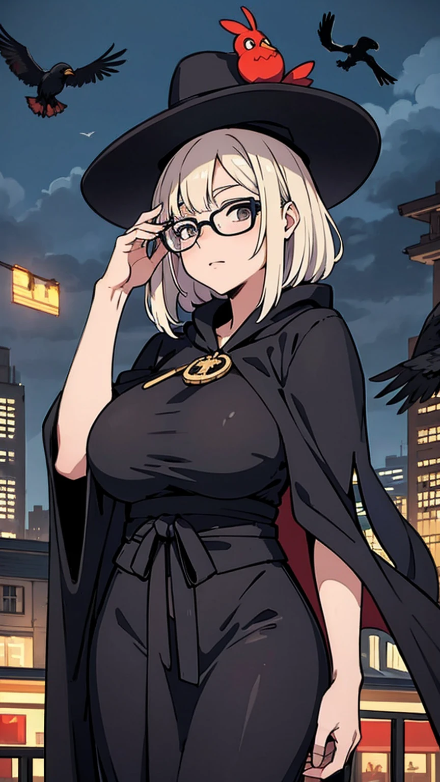 (masterpiece, Best Illustration,) middle Ages, beak mask, black robe, city background, doctor, masked, one person, Clear, fine motor, Wearing a hat with a brim, Glasses, able&#39;Can&#39;t see eyes, hand stops crow,big breasts