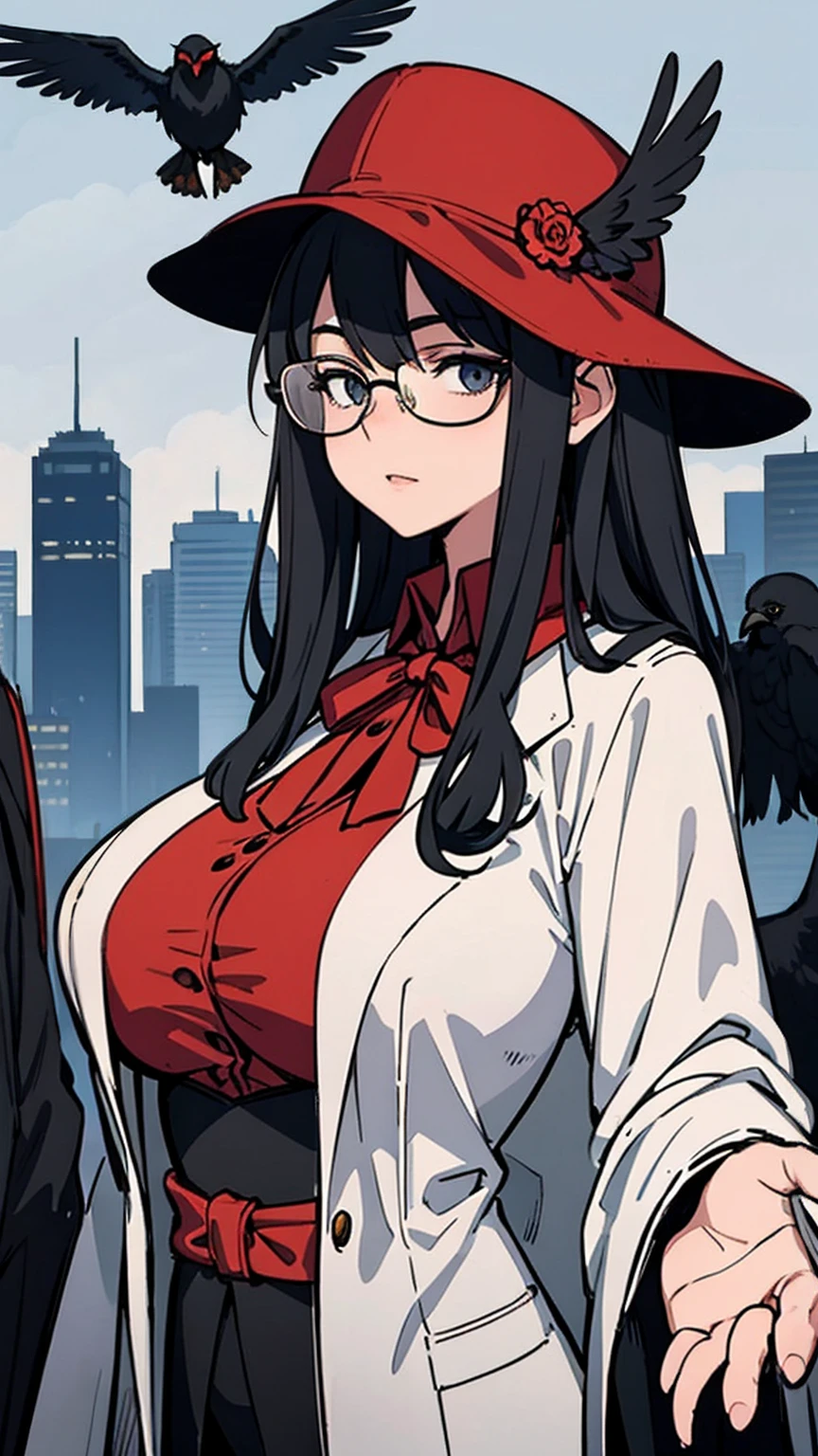 (masterpiece, Best Illustration,) middle Ages, beak mask, black robe, city background, doctor, masked, one person, Clear, fine motor, Wearing a hat with a brim, Glasses, able'Can't see eyes, hand stops crow,big breasts