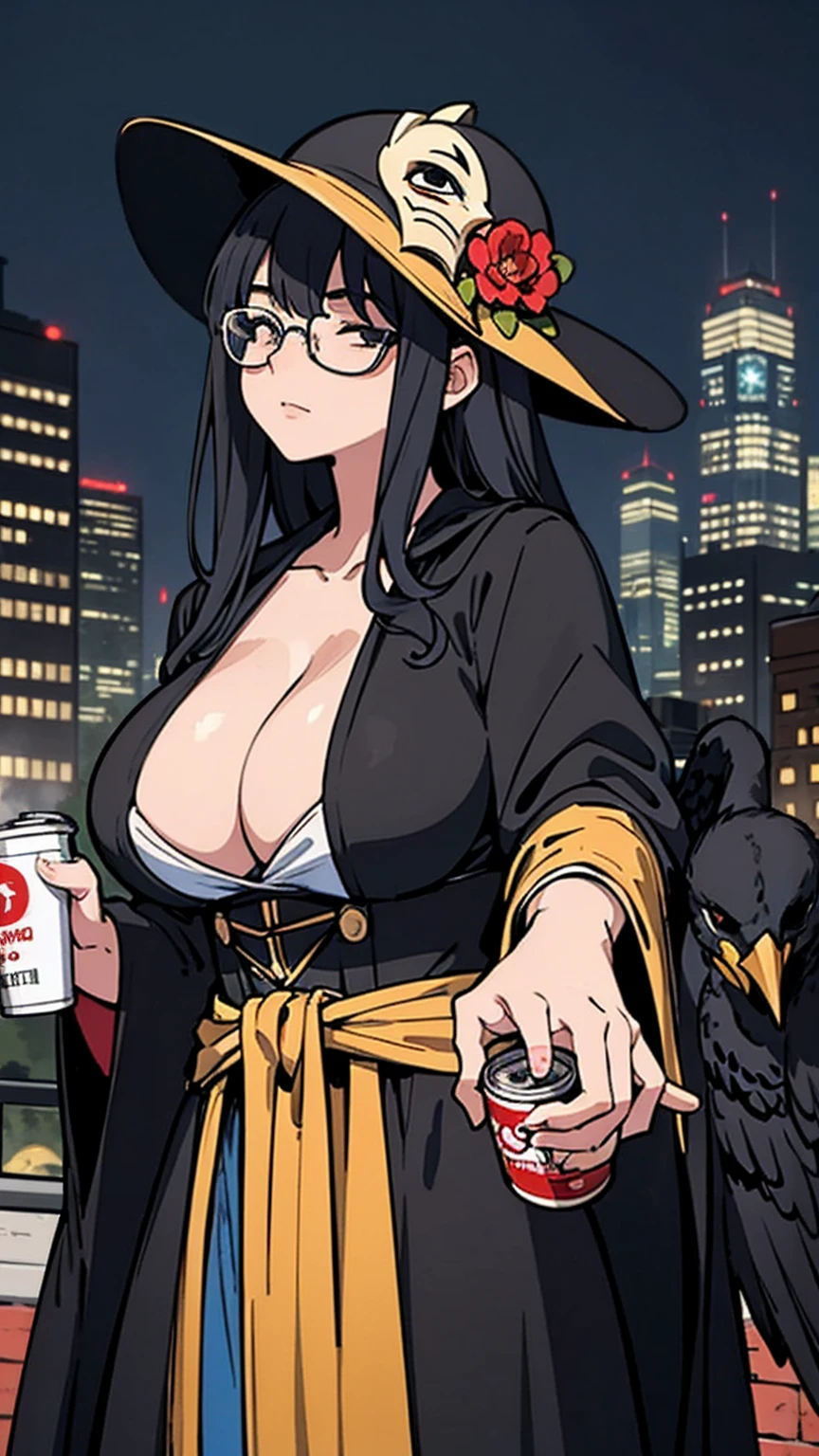 (masterpiece, Best Illustration,) middle Ages, beak mask, black robe, city background, doctor, masked, one person, Clear, fine motor, Wearing a hat with a brim, Glasses, able'Can't see eyes, hand stops crow,big breasts