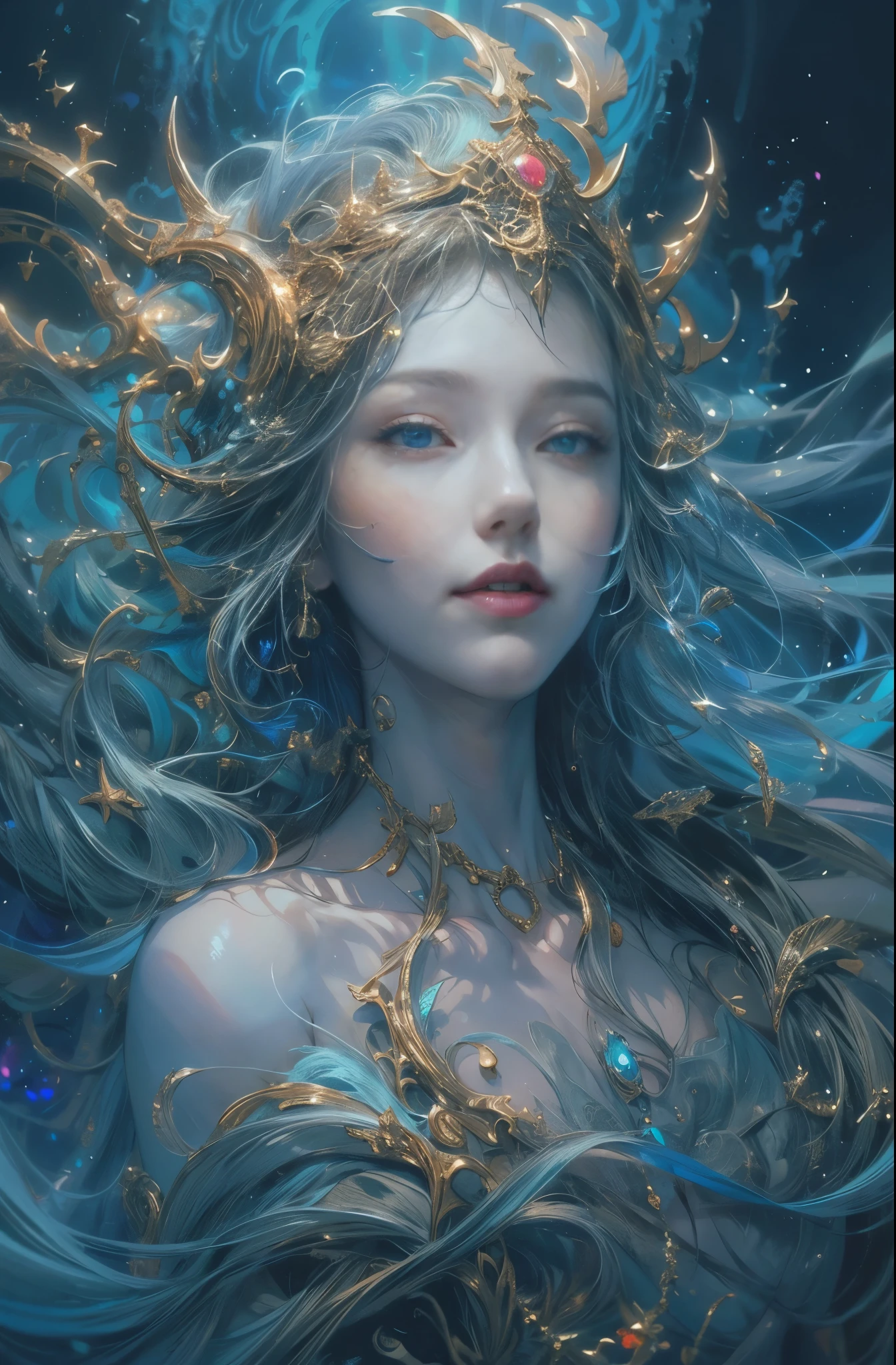 water spirit, Tethys, goddess of the sea, Guardian of the seas, sacred, Mystery of the Deep Sea, Majestic, dignity, 4K fantasy art, Written by Gene Jay., fantasy art style, 2. 5D CGI Anime Fantasy Artwork, epic fantasy art style hd, Epic fantasy digital art style, detailed fantasy art, Detailed digital 2D fantasy art, Luan Jia and Artgerm, 8K fantasy art, sharp outline, very fine and beautiful eyes, Beautiful and delicate blue eyes, pretty much beautiful face, unparalleled beauty, masterpiece, highest quality, perfect angle, perfect composition, best shot, official art, cinematic light, very beautiful and fantastic scenery, chivalry dream, sense of presence, Michael&#39;S letter, Christoph Huge 、Ultra-precision coating, Luminousism, art by Carne Griffiths and What a bone concept art, 4K resolution, Fractal isometricdetailed bioluminescence , 3D rendering, octane rendering, intricately detailed , cinematic, Trending isometric surreal cover photos、art station&#39;amazing full color, handwritten, Defining a hit , cinematic,amazing background, abstract beauty,stand, approaching perfection, pure form, golden ratio, minimalistic, unfinished, concept art, Written by Brian Froud、khan griffith、What a bone、john william waterhouse, intricate details, 8K post production, High resolution, hyper detail, art stationのトレンド, studio photography, intricate details, Very delicate and detailed painting style, Beautiful painting art, greg latkowski, Close-up, female solo