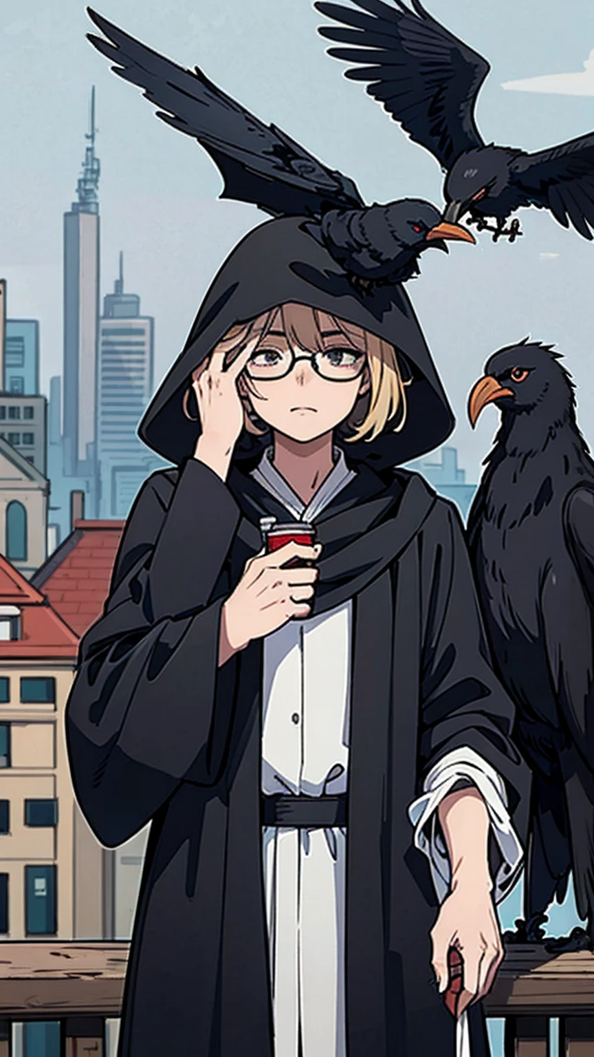 (masterpiece, Best Illustration,) middle Ages, beak mask, black robe, city background, doctor, masked, one person, Clear, fine motor, Wearing a hat with a brim, Glasses, able&#39;Can&#39;t see eyes, hand stops crow