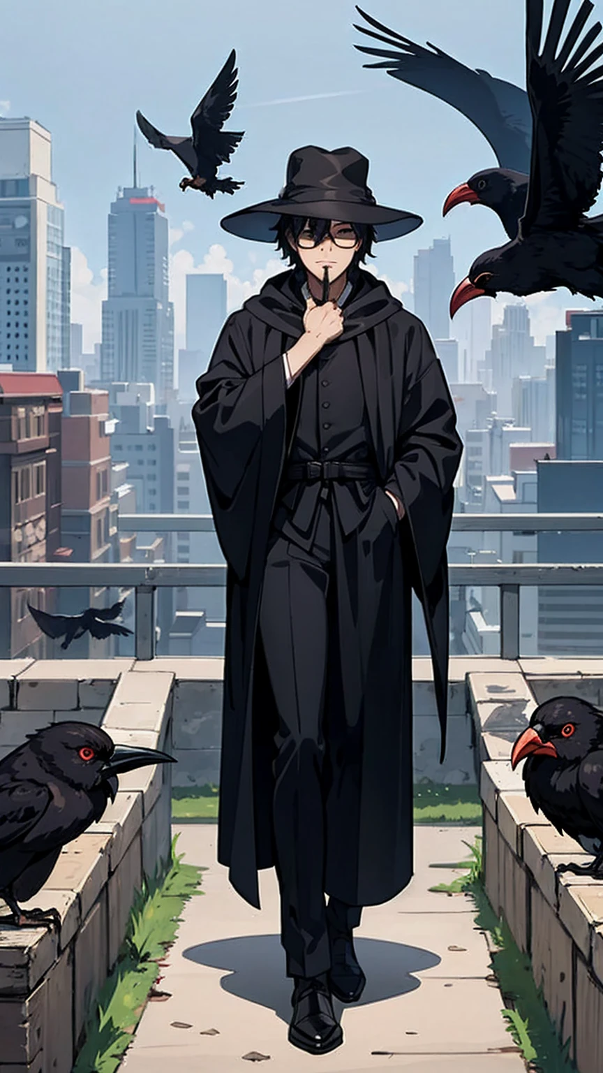 (masterpiece, Best Illustration,) middle Ages, beak mask, black robe, city background, doctor, masked, one person, Clear, fine motor, Wearing a hat with a brim, Glasses, able'Can't see eyes, hand stops crow