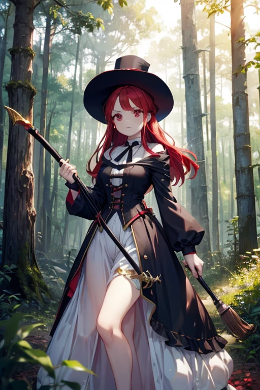 A red haired woman with red eyes with an hourglass figure in a victorian dress is holding a broom on her shoulder in the forest
