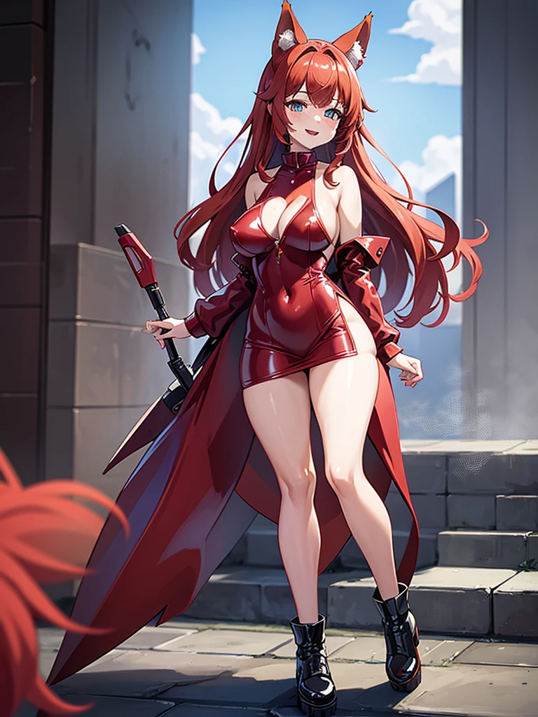 Happy woman, with wolf ears and red hair, holding her cheeks, wolf tail, wearing a latex dress, looking at veiwer, full body, you can see her chest, naked breasts