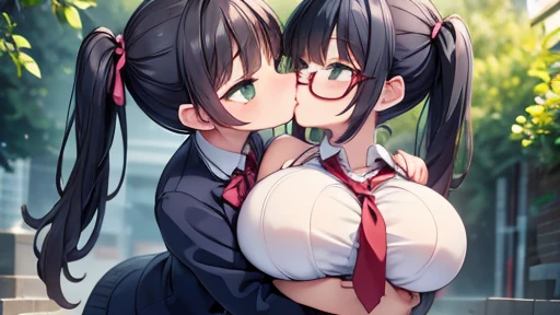 　highest quality,wonderful,finely,extremely detailed CG unity 8k wallpaper,written boundary depth,1 girl, big breasts,(kiss:1.3), (leaning forward), black hair, glasses, green eyes,twin tails,full body, highest quality,Super detailed,unity 8k wallpaper,game CG,